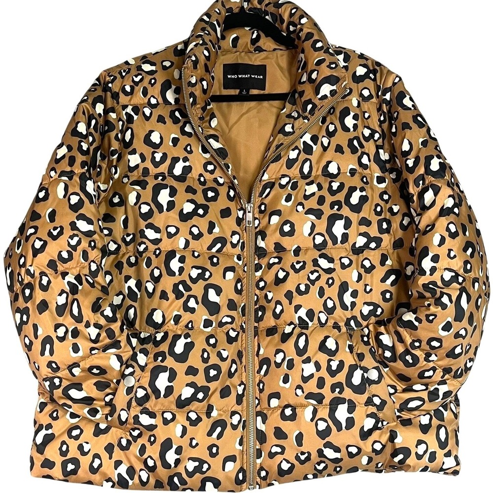 Who What Wear Leopard Print Puffer Jacket Brown Animal Zip Quilted Coat Large
